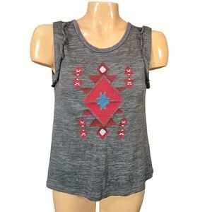 Cruel Denim Gray Aztec Embroidered Geometric Ruffle Sleeve Tank Top‎ Women Small